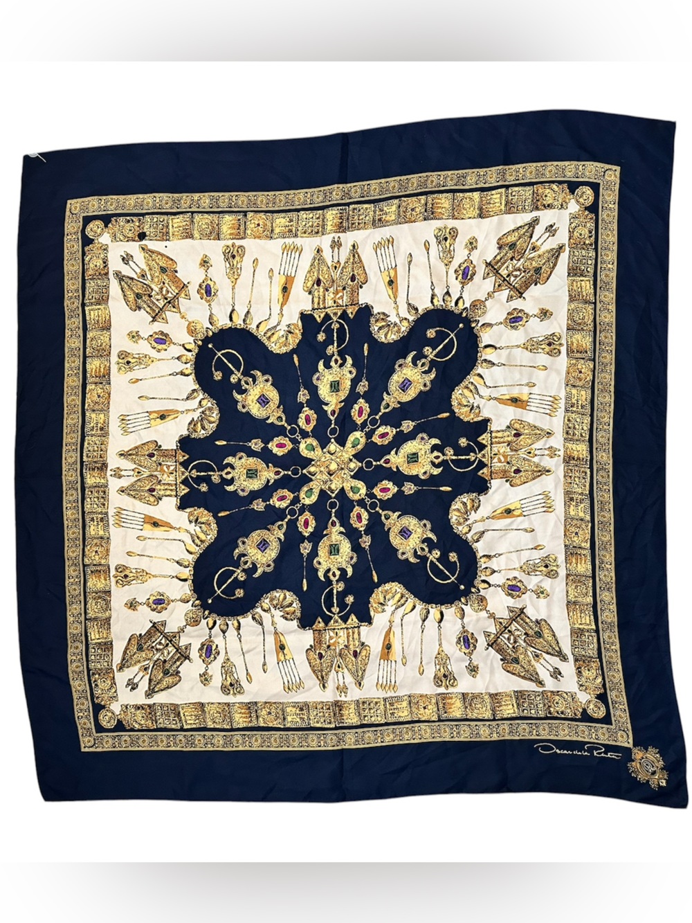 Vintage Oscar de la Renta NWOT Silk Scarf Navy Blue Gold Jewel Print Square Wrap